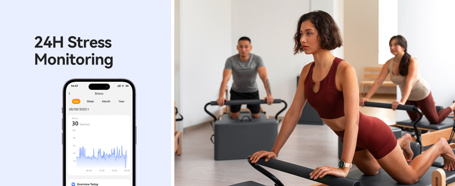 Fitness tracking app interface showing 24-hour stress monitoring graph alongside people exercising on stationary bikes in a gym setting.