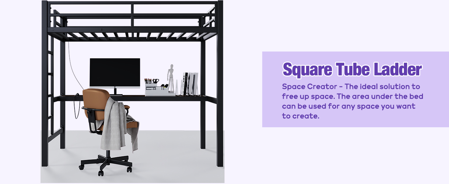 METAN Metal Loft Bed with Desk, Metal Loft Bed Frame with