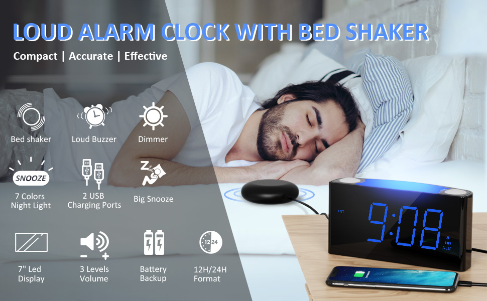 Mesqool Bed Shaker Alarm Clock with Night Light for Heavy Sleepers (Blue Digits & Bed ShakerB