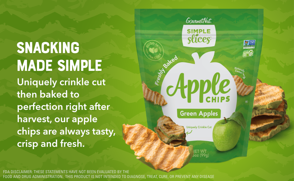 Gourmet Nut Simple Slices Baked GREEN Apple Chips, USA Grown Apples, No Added Sugar, GREEN APPLES