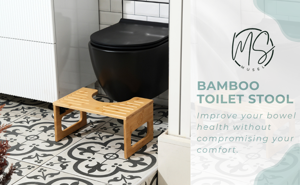 MUSEL Foldable Bamboo Toilet Stool Comes with Comfort Pad