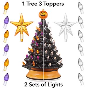 pre-lit, bulbs, ceramic, hand-crafted, green, white, pink, black, orange, purple, retro, classic