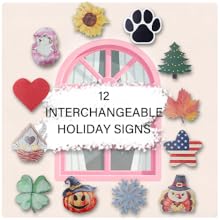 12 interchangeable holiday signs with icons like sunflower, paw, tree around a pink window frame.