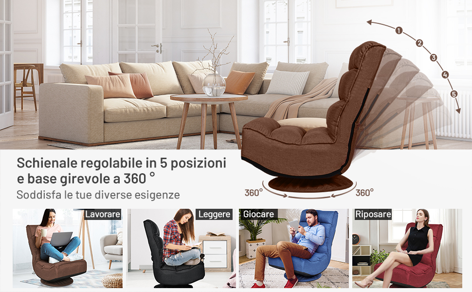 RELAX4LIFE Sedia Da Terra Reclinabile In 5 Posizioni, Poltrona Da Pavimento Con Base Girevole A 360°, Sedia Da Terra Con Schienale Pieghevole, Poltrona Imbottita Morbida (Grigio) 13 2