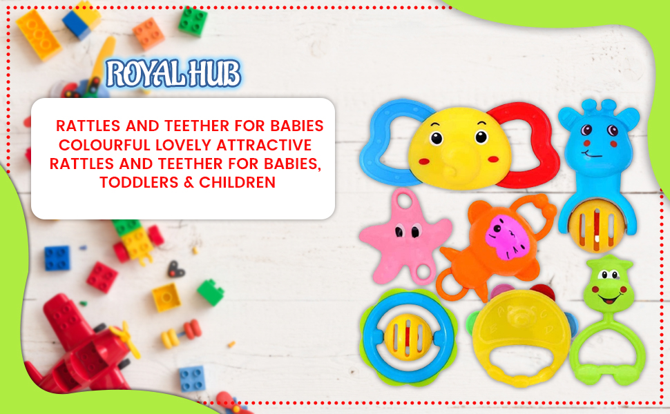 Royal Hub Rattles and Teether for Babies, Pack of 7 Pcs - Colourful Lovely Attractive SPN-MX9E8