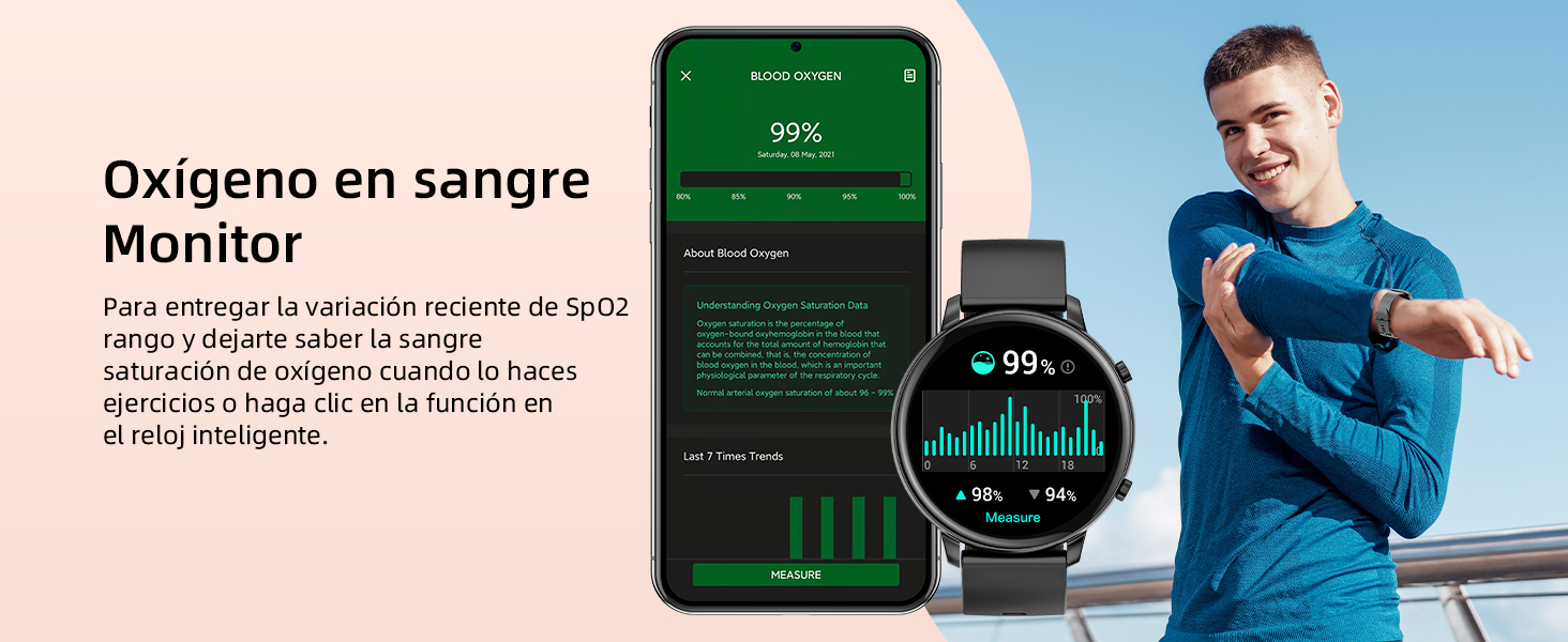 Reloj inteligente y teléfono inteligente que muestran datos de salud y se centran en la función de monitoreo del oxígeno en sangre. Una persona que lleva el reloj es parcialmente visible