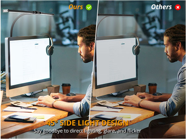 Desk lamp with 45° side light design illuminating monitor screen. Comparison shows improved visibility and reduced glare compared to traditional lighting.