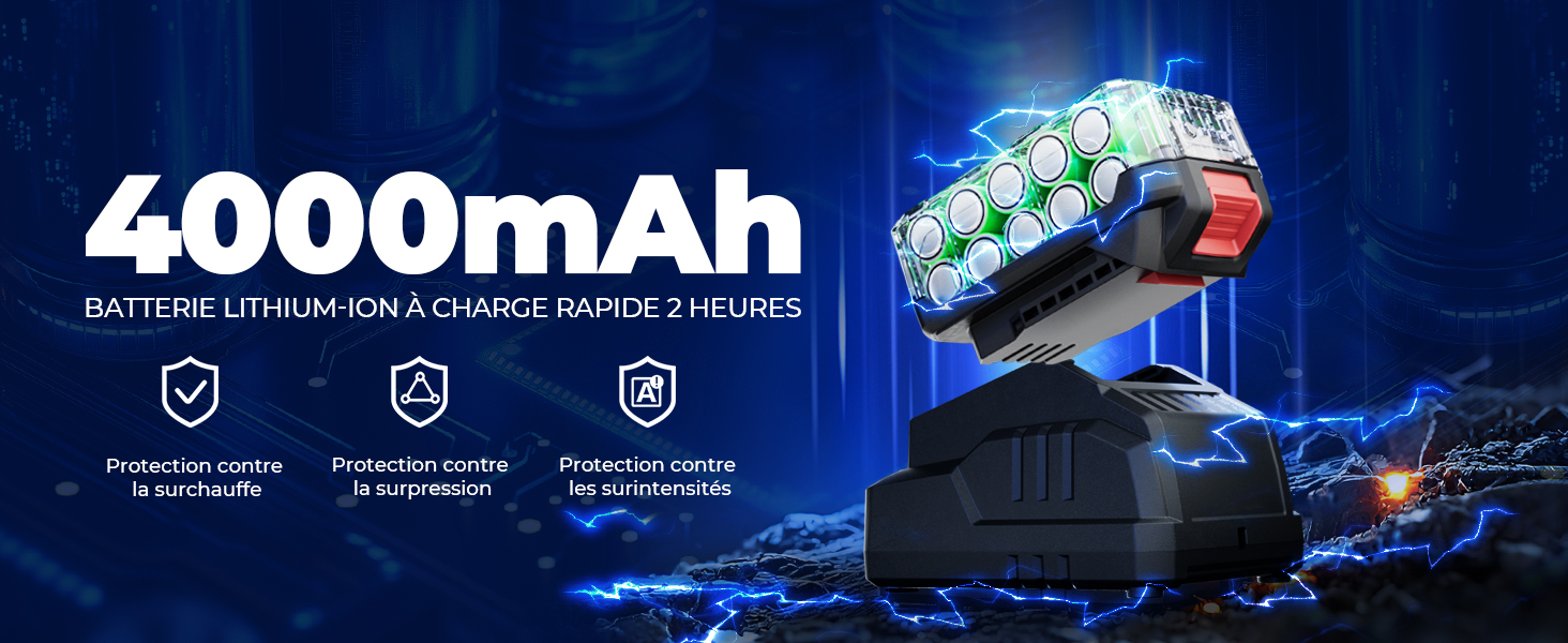 Le texte indique « 4000 mAh ». Image promotionnelle teintée en bleu pour une batterie ou une batterie externe, avec des icônes techniques et des effets de lumière sur fond sombre.