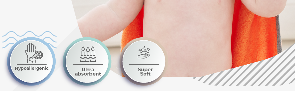 Towel benefits include hypoallergenic, absorbent, soft, delicate on skin, plush, warm, cozy, luxury