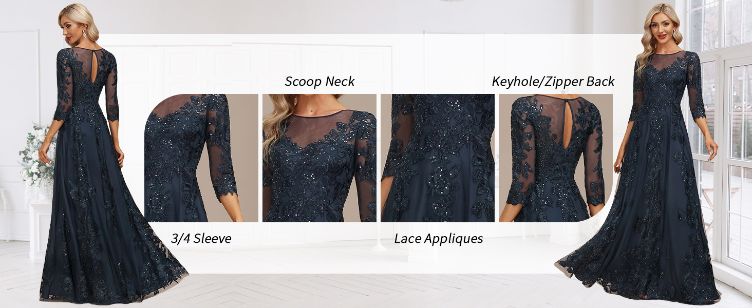 INEWER Women's Lace Appliques Mother of the Bride Dresses 3/4 Sleeve Beaded Formal Evening Gown