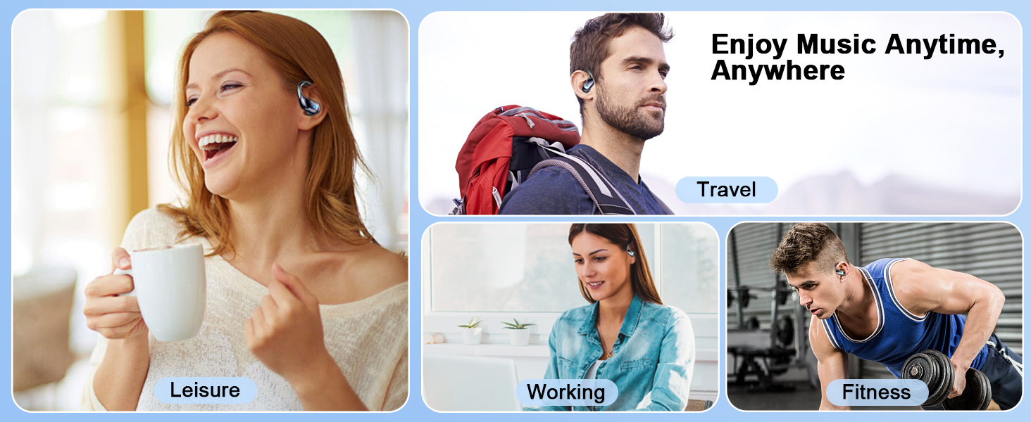 Text reads 'Enjoy Music Anytime, Anywhere'. Collection of website or app interface screenshots showing people using audio devices or services.
