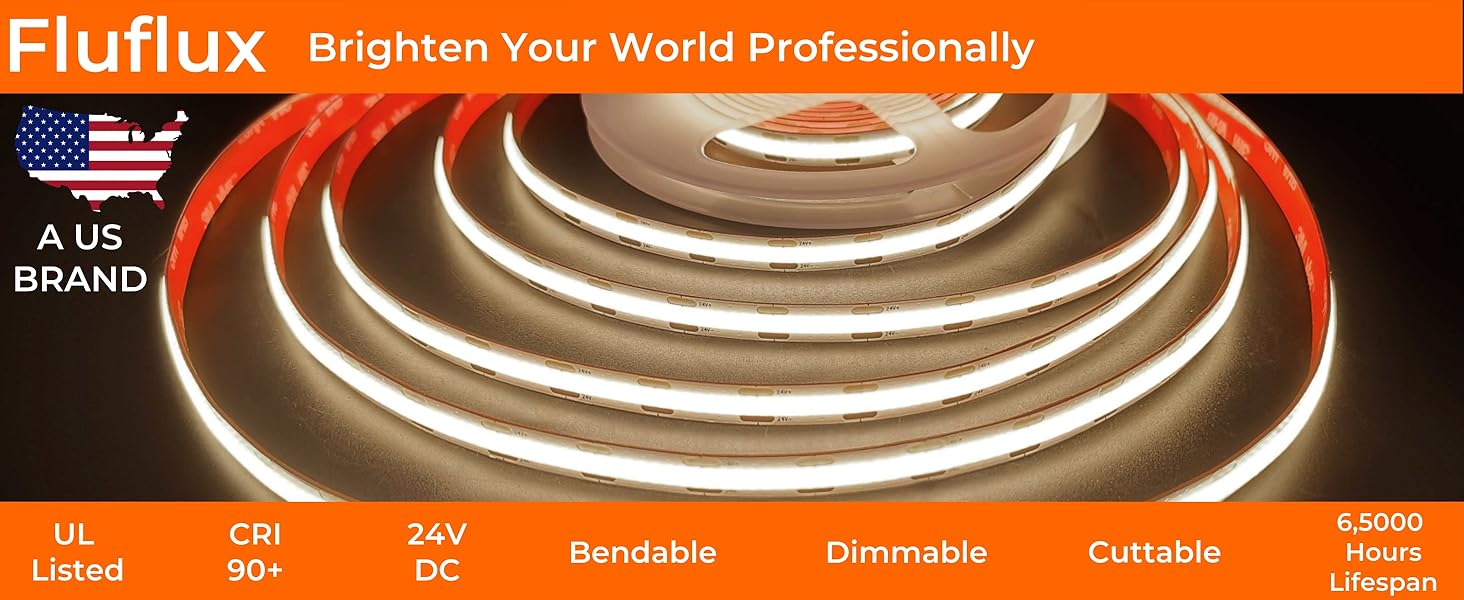 Fluflux COB LED Strip Light UL Listed CRI 90 24V DC Bendable, Dimmable, Cuttable, Flexible, Durable