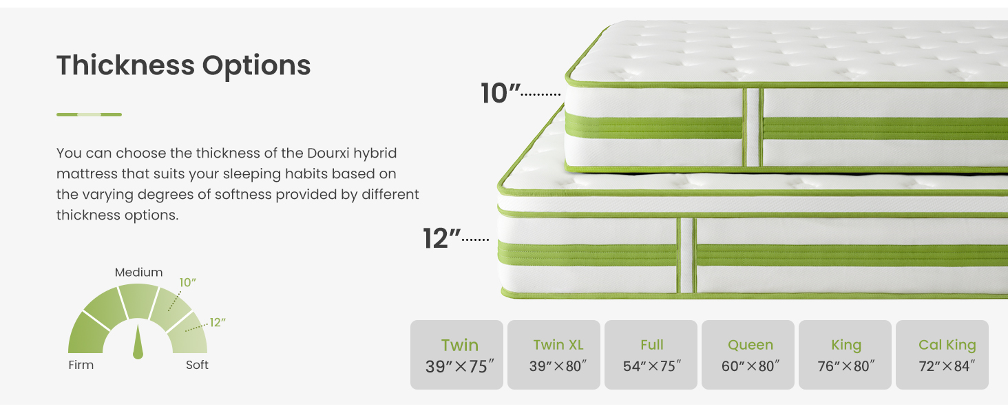 10 inch and 12 inch mattress options with different thicknesses