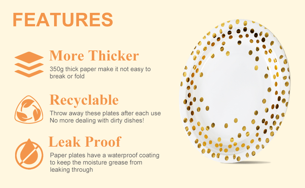 Disposable Paper Plates 100 Pack White and Gold Paper Plates 50 x 9" & Gold Dot