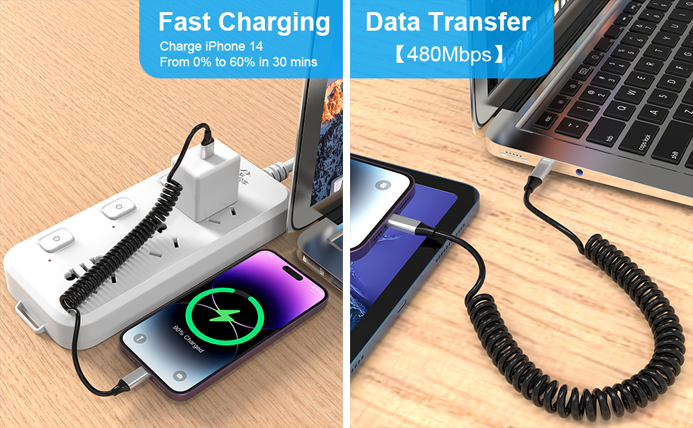 Coiled USB C to Lightning Cable, Apple Carplay Cable [Apple MFi