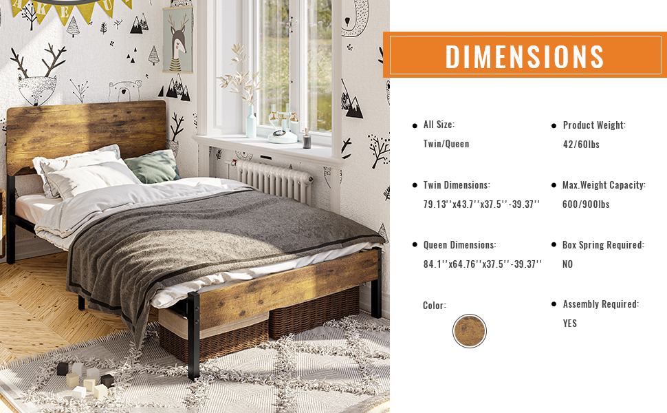 DICTAC Twin Bed Frame Rustic Metal Bed Frame with Wood