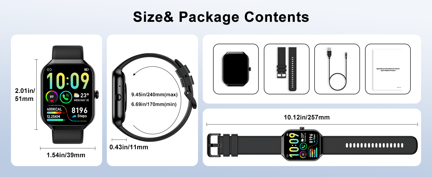 Smartwatch package contents: watch with 1.85-inch display, charging cable, extra strap, and user manual. Watch face shows time 10:09 and fitness stats.