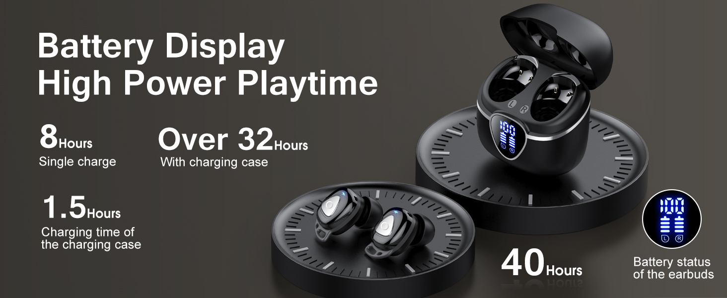 Black wireless earbuds with charging case displaying battery specifications including 32-hour playtime and 1.5-hour features.
