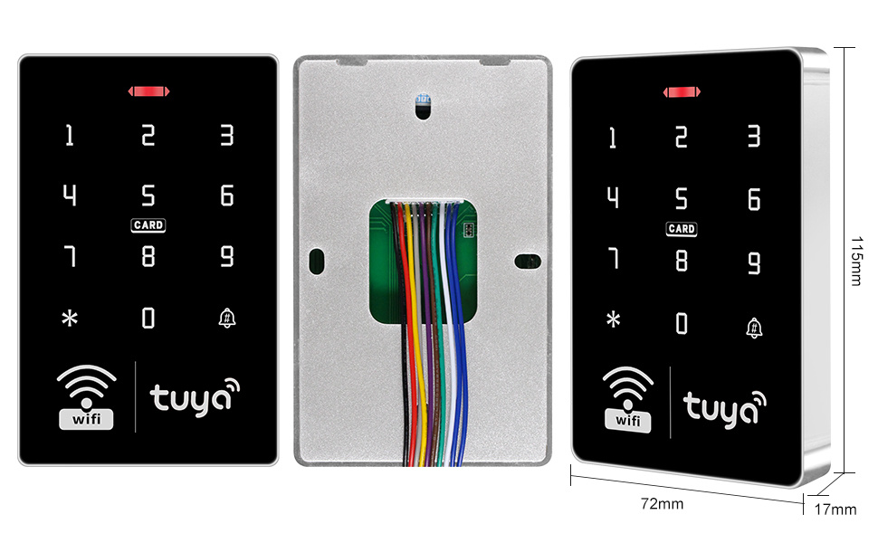 سه نما از یک صفحه کلید هوشمند مشکی Tuya با نماد WiFi. دکمههای عددی قابل مشاهده هستند، پنل مرکزی اتصالات سیمکشی را نشان میدهد.