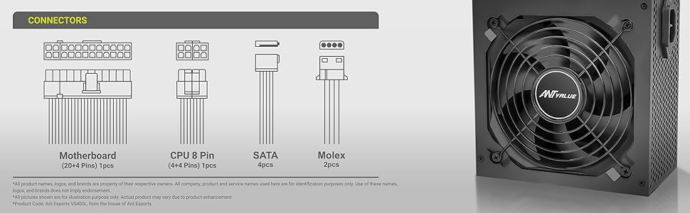 ant value ec400 gaming power supply connectors