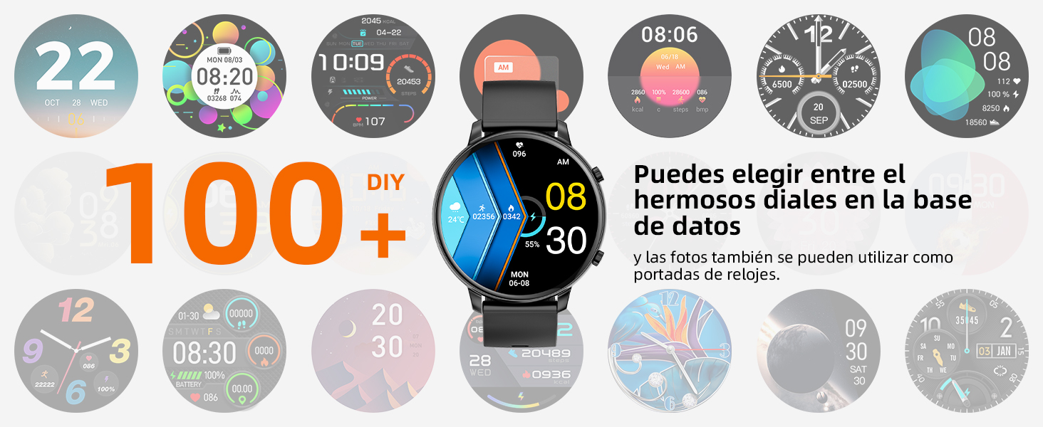 con múltiples diseños de carátulas. El texto indica «más de 100 artículos de bricolaje» y resalta las esferas personalizables. La imagen azul de un reloj inteligente ocupa