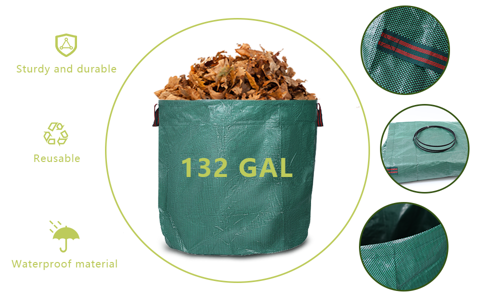 QIMEOKAT 4PCS 132 Gallons Reusable Garden Waste Bags,Heavy Duty Lawn Pool Garden