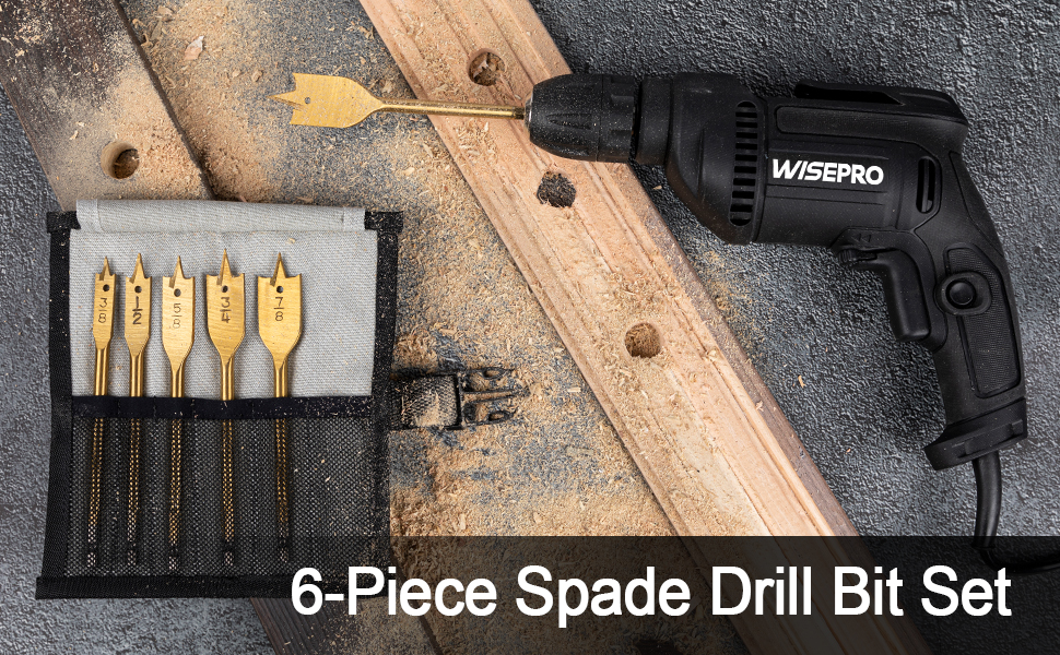 6Piece Spade Drill Bit Set,Carbon Steel Paddle Flat Bits, for Hole