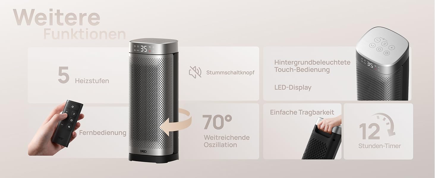 Turmventilator mit Fernbedienung, LED-Display, 70°-Oszillation, 12-Stunden-Timer und 5 Geschwindigkeitsstufen. Verfügt über ein Touchpanel und