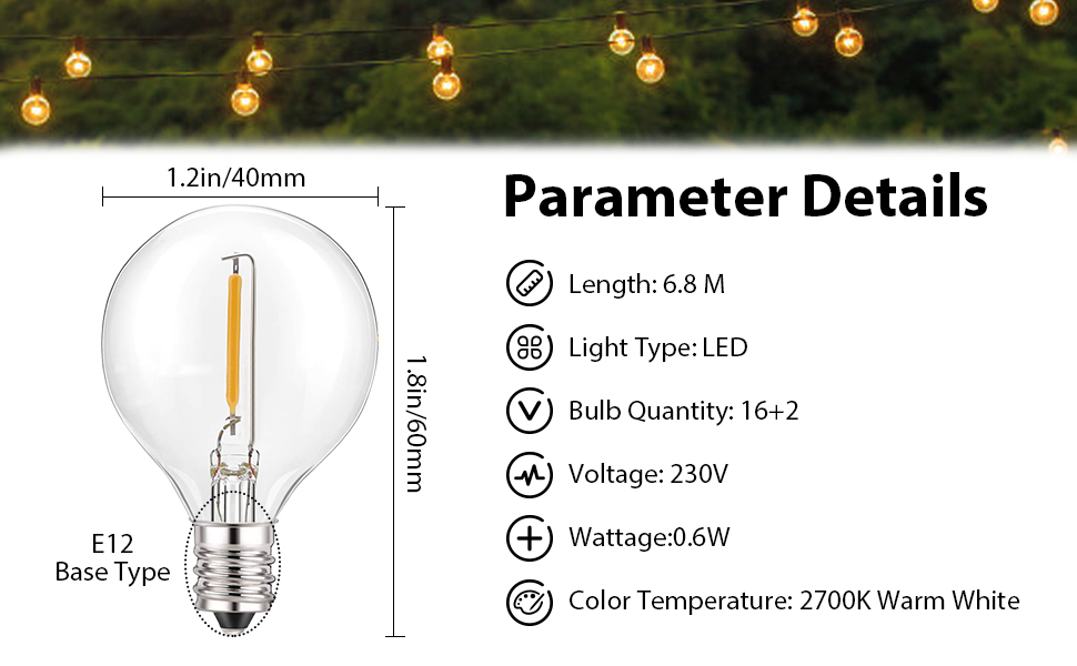 Outdoor String Lights Mains Powered,22ft 16+2 LED G40 Garden Lights