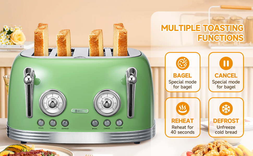 Wiltal 4 Slice Toaster, Retro Green Toaster, Bagel Toaster