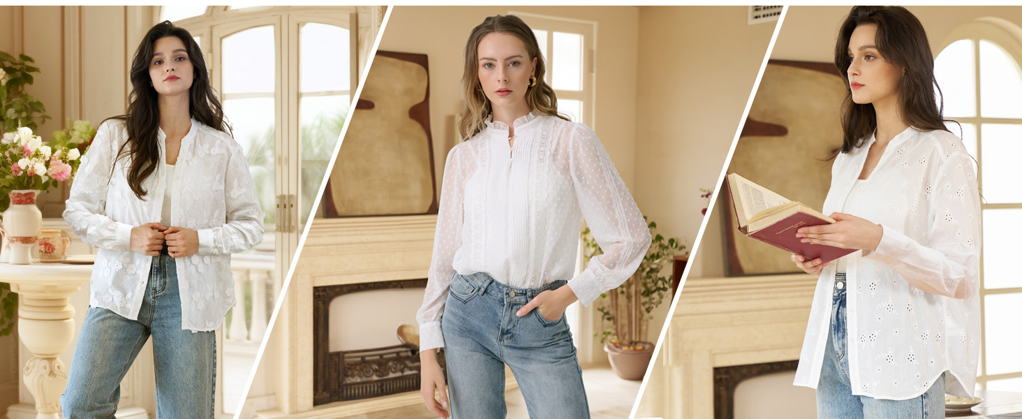 white long sleeve chiffon women Victorian Edwardian dressy casual mock neck vintage pom summer 2024