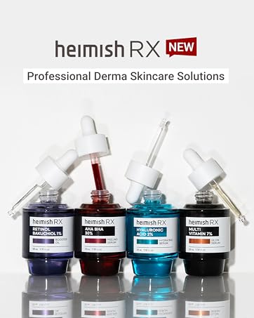 Heimish RX professional skincare line featuring four glass bottles with droppers. Bottles contain colorful serums in purple, red, blue, and orange.