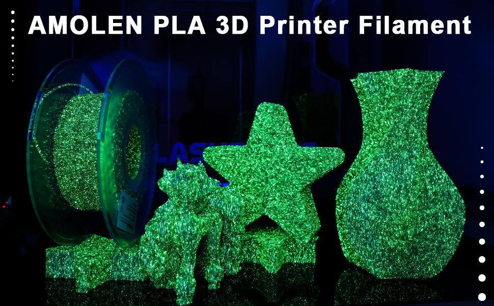 AMOLEN 3D Printer Filament, PLA Filament 1.75mm, Shiny Glow in The Dark