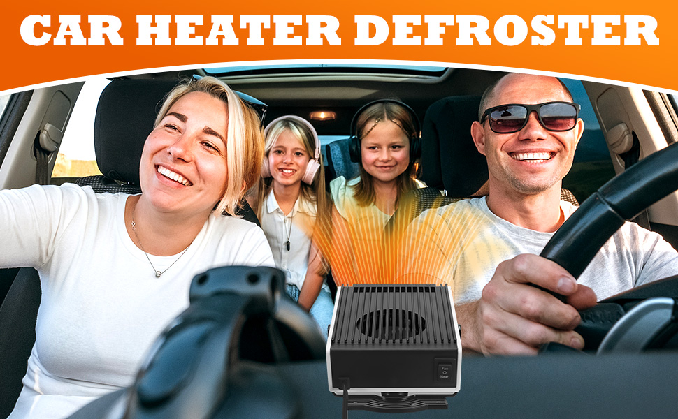 présenté en noir, design compact. Accessoire de chauffage intérieur du véhicule présenté avec des images promotionnelles.
