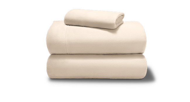 sand colored sheet set, folded and stacked