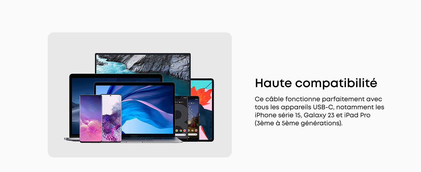 Plusieurs appareils électroniques, notamment des smartphones, des tablettes et des ordinateurs portables, affichant des écrans colorés. Le texte mentionne « Haute compatibilité » (Haute compatibilité).