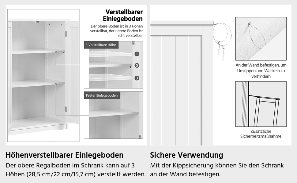 German product images showing adjustable shelving unit with height-adjustable shelves and secure mounting instructions.