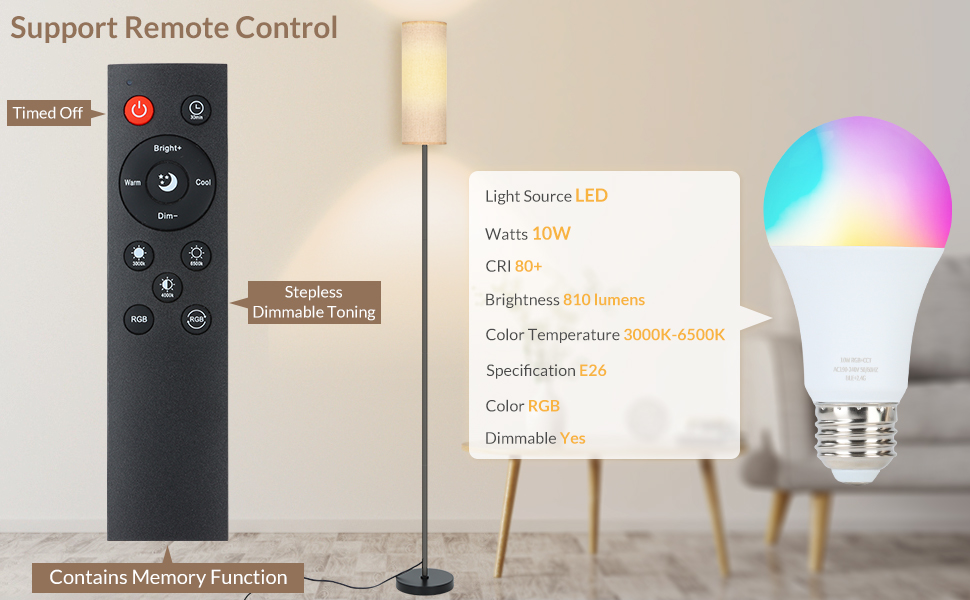 GKTG Floor Lamp for Living Room, Dimmable Floor Lamp with Remote