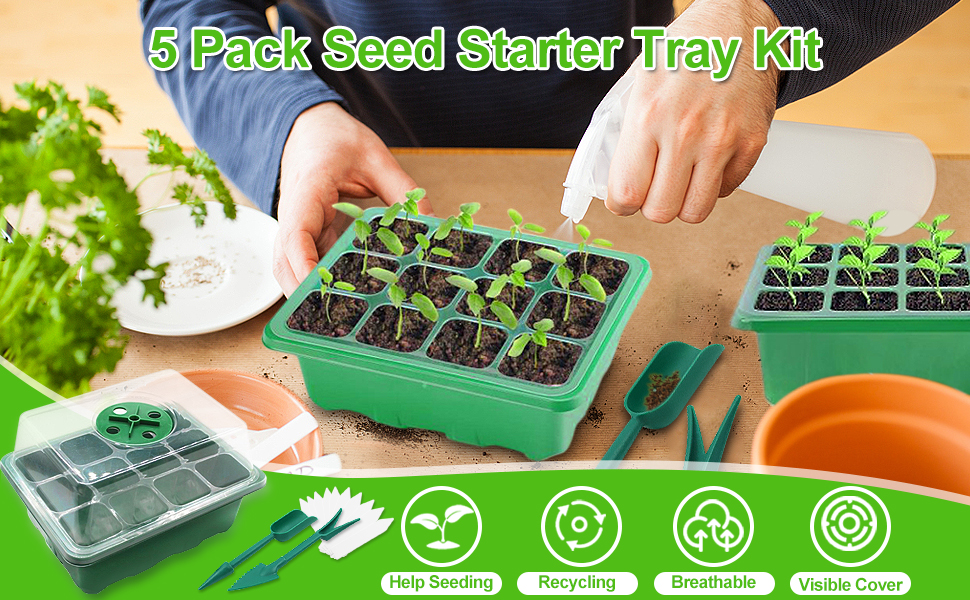 Seed Starter Tray With Grow Light, 5 Pack Greenhouse Mini Seeding