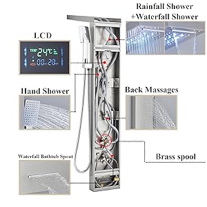 SUGUWORD LED Shower Tower Panel System 304 Stainless Steel 5 Function With Rainfall Waterfall Shower Head Massage Jets Hand Shower And Tub Spout Shower System Brushed Nickel 11 1