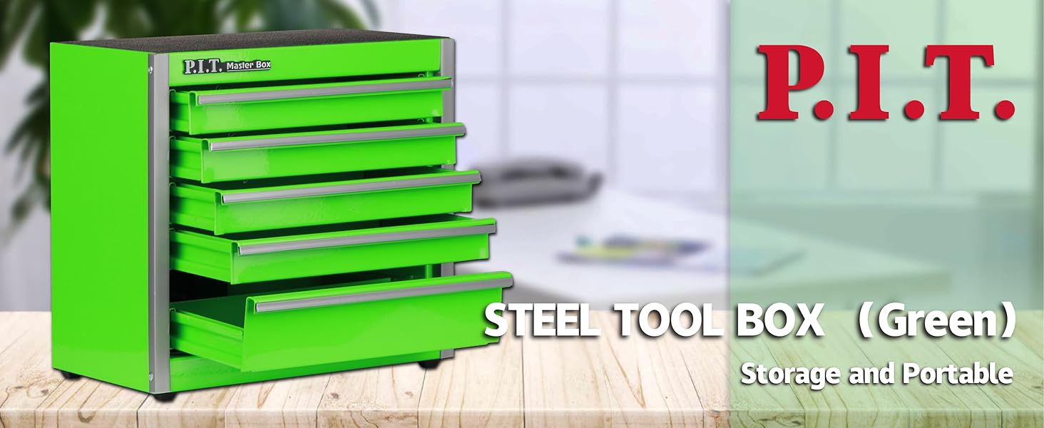 P.I.T. Portable FiveDrawer Steel Tool Box, Green Hand Carry Tool Cases