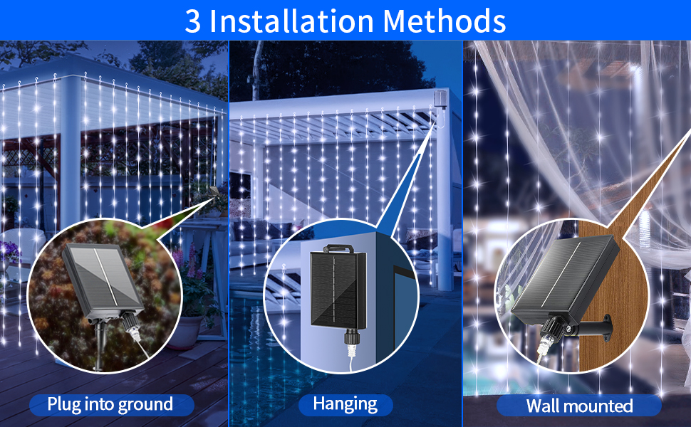 Solar Curtain Lights 9.8Ft,300 Led Outdoor Waterfall String Lights