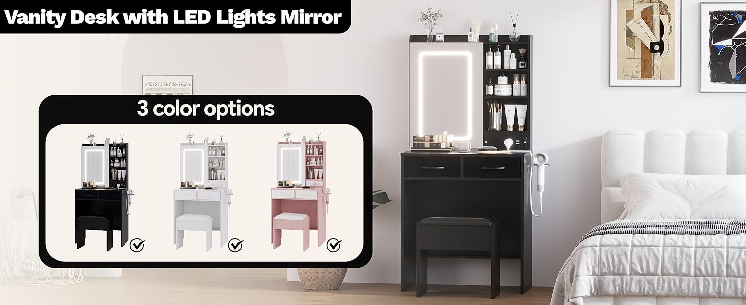 Vanity Desk with Mirror and Lights, Makeup Vanity Table Set with Charging Station and Stool
