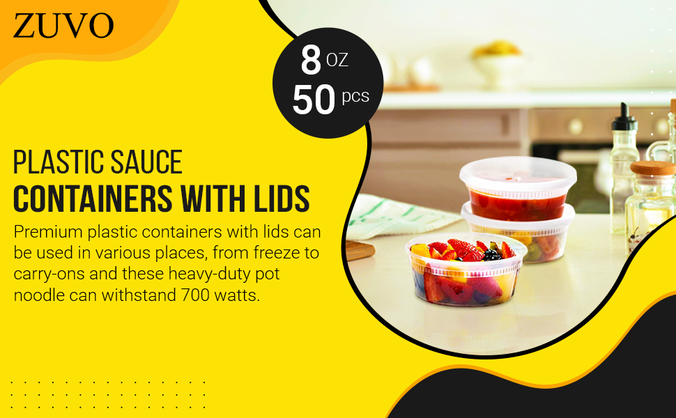 Zuvo Plastic Sauce Containers with Lids 08 OZ (50 Pack) Perfect