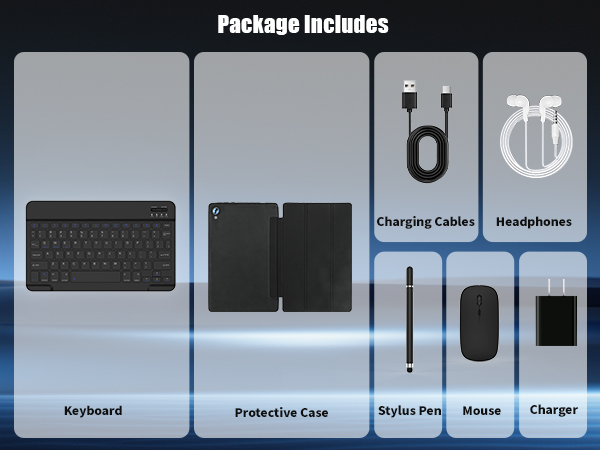 Package contents for tablet accessory set: keyboard, protective case, stylus pen, mouse, charger, charging cables, and headphones. Each item shown in separate panels.