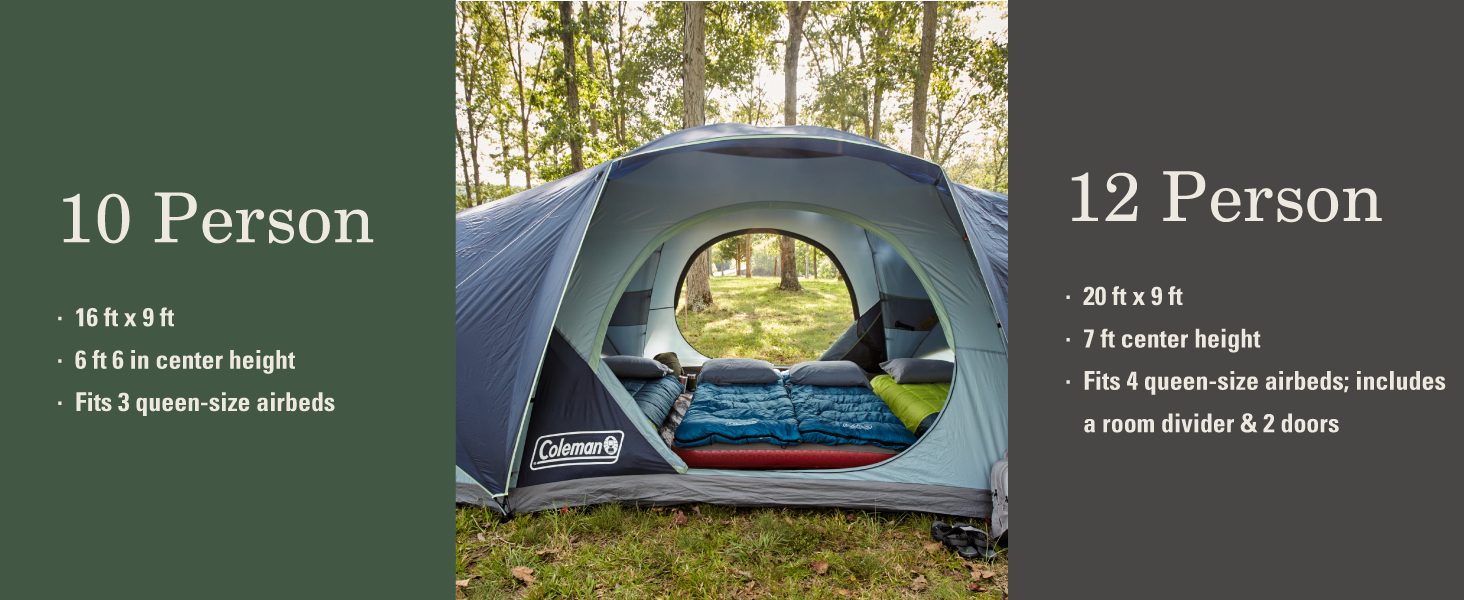 coleman skydome tent ten twelve person people camping fit room height size airbed queen sleep roomy