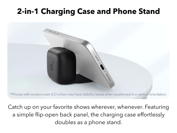 2-in-1 charging case and phone stand with flip-open back panel. White device shown in standing position, designed for convenient charging and media viewing.
