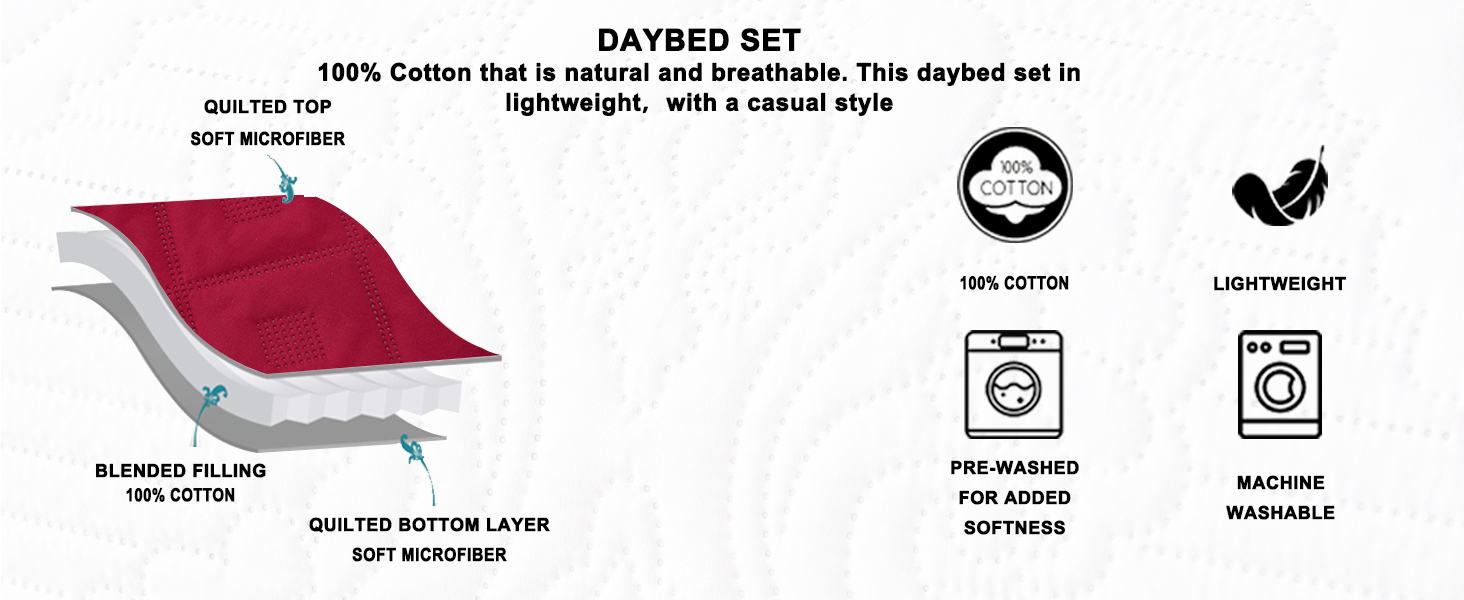 5Piece Daybed Cover Set Burgundy Red,Twin Cozy Daybed Bedding Sets for All Season