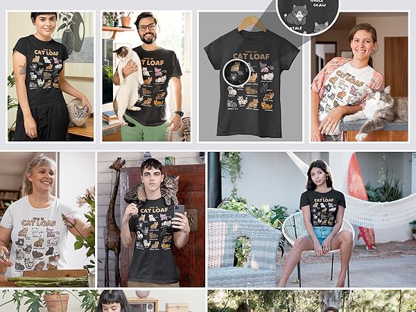 People wearing “Types of Cat Loaf” T-shirts in various casual indoor and lifestyle settings.