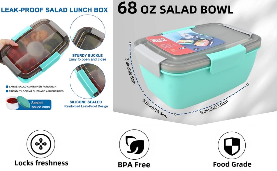 3 Pcs 68 Oz Salad Lunch Container to Go with 4 Compartment Tray, Lrage